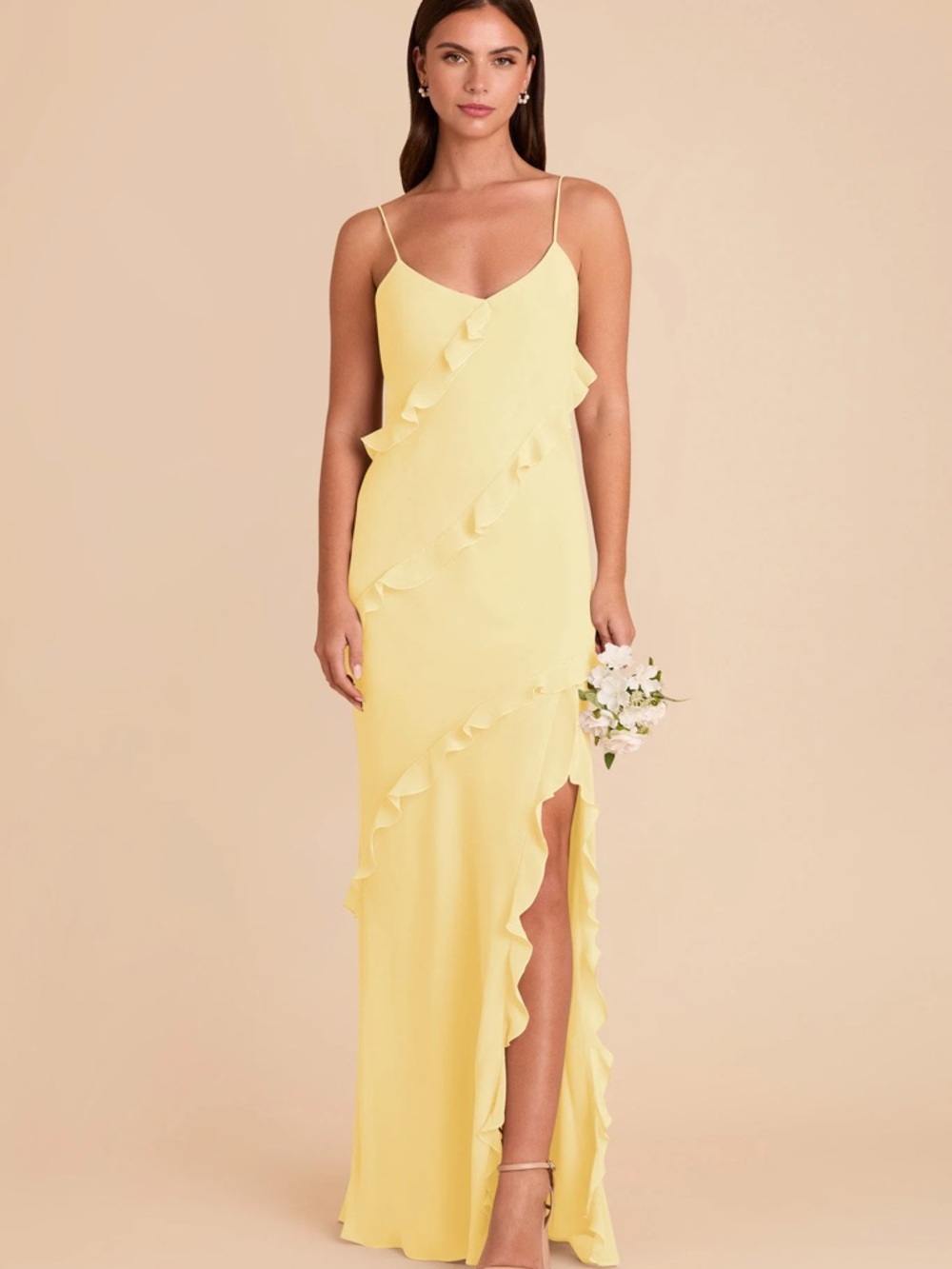 Birdy Grey Yellow Ruffle-Trim Spaghetti-Strap Maxi Dress